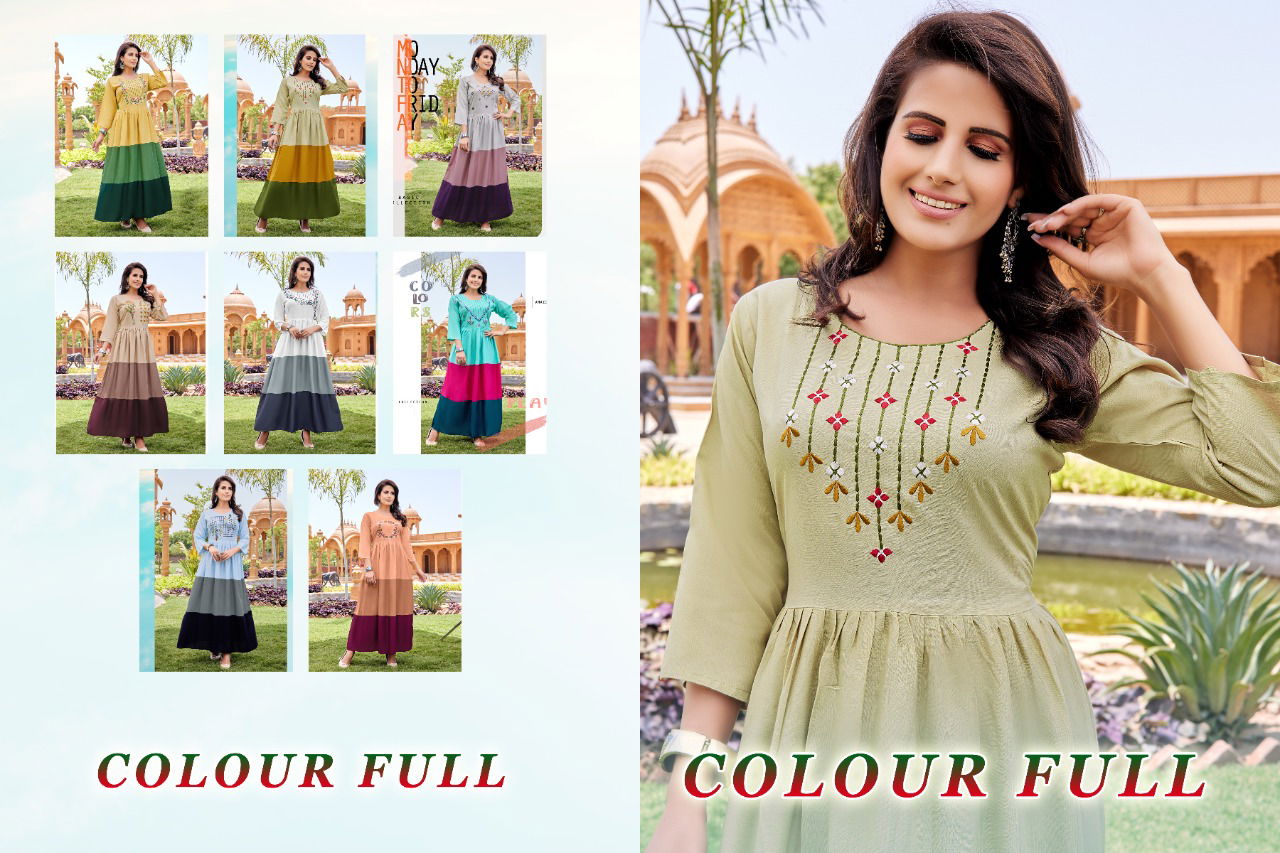 Colour Full 1001 Fancy Party Wear Rayon Long Anarkali Kurti Collection